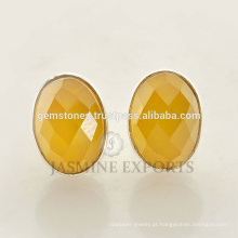 New Fashion 925 Sterling Silver Yellow Calcedonia Gemstone Round Stud Bezel Brincos